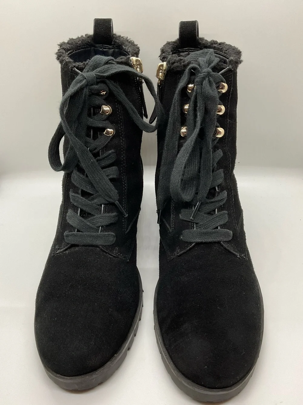 KATE SPADE NEW YORK Raegan Faux Shearling Combat Suede Black Boots  Size 6.5